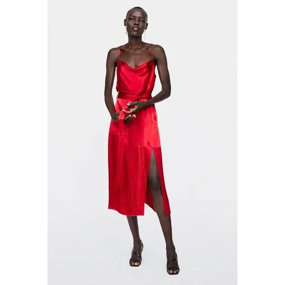 Zara | Dresses | Zara Red Satin Holiday Midi Dress | Poshmark